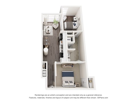 A 3D floor plan of a small apartment with a kitchen, living room, and bathroom.